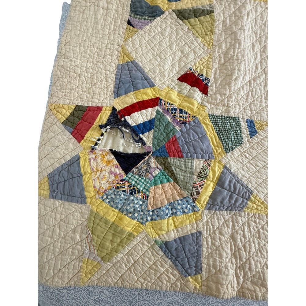 Vintage Handmade Patchwork Quilt Spider Web Wagon Wheel Feed 1930s sack Cotton - Picture 6 of 15